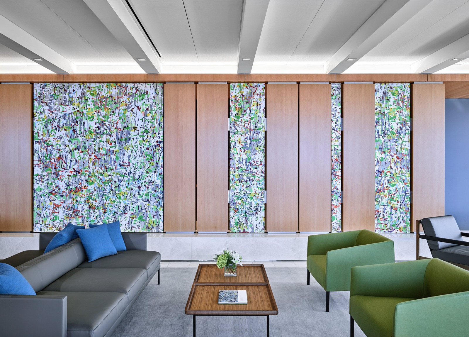 Variation in Four Parts (green, gold, white), installation view
